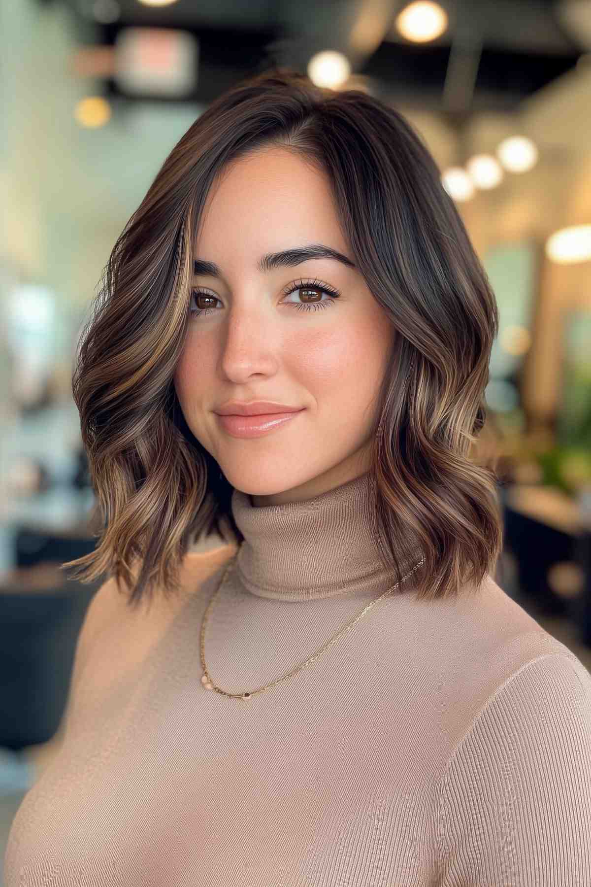 Short dark hair with caramel highlights for fall