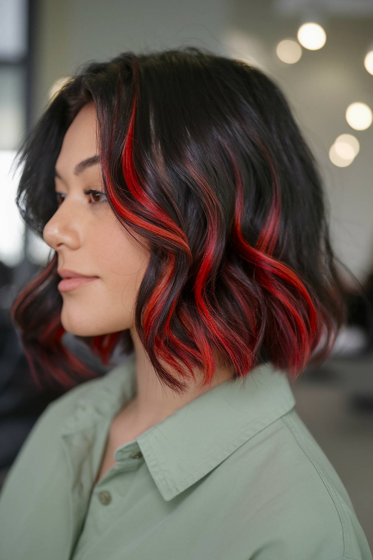 Short dark hair with bold red highlights, adding contrast and a vibrant edge