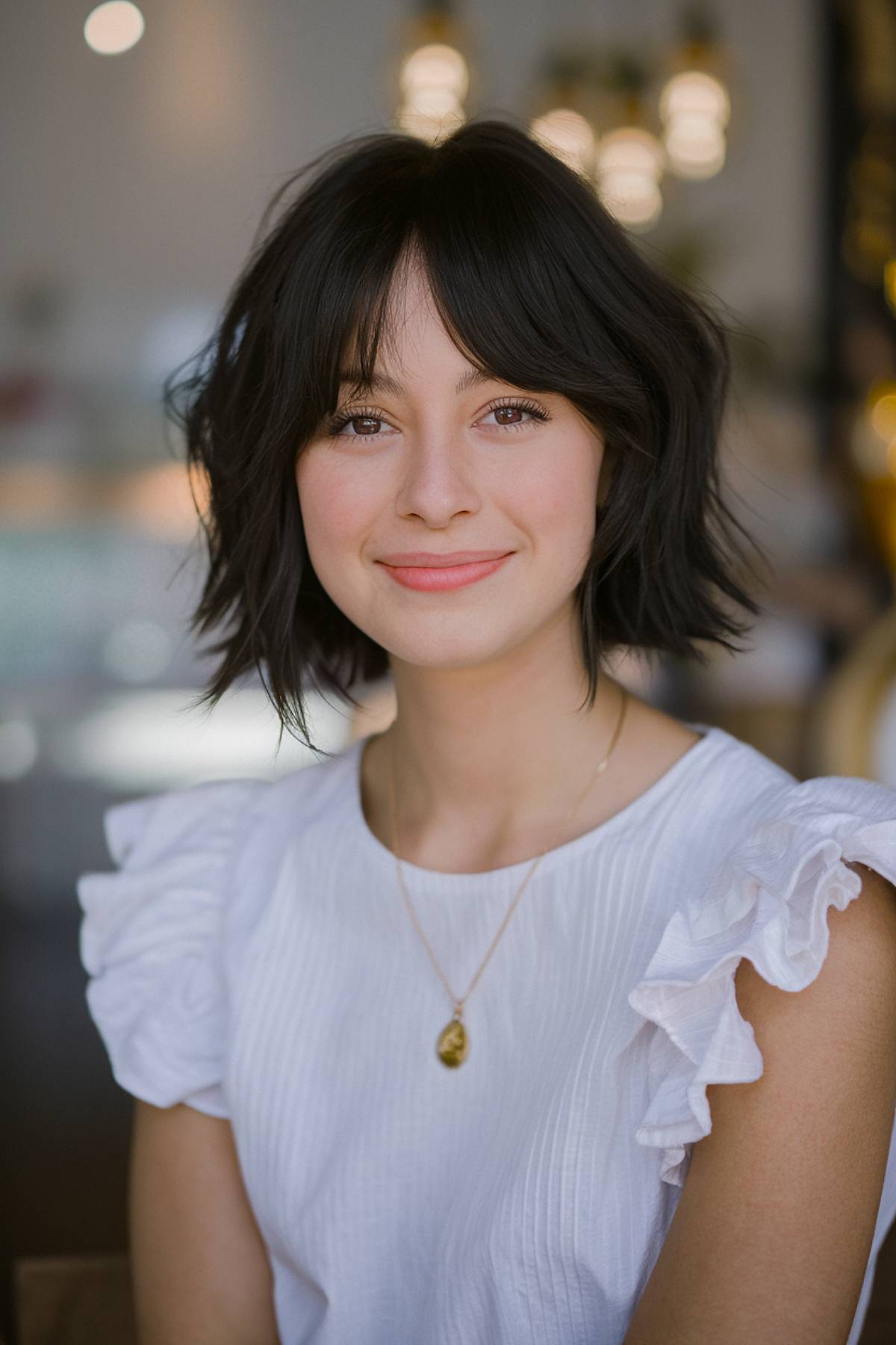 Trendy short dark hair with curtain bangs for a soft and face-framing look