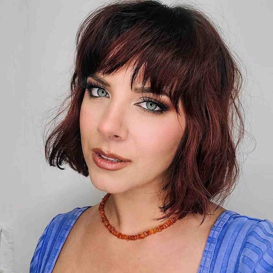 Short Dark Red Messy Bob with a Fringe