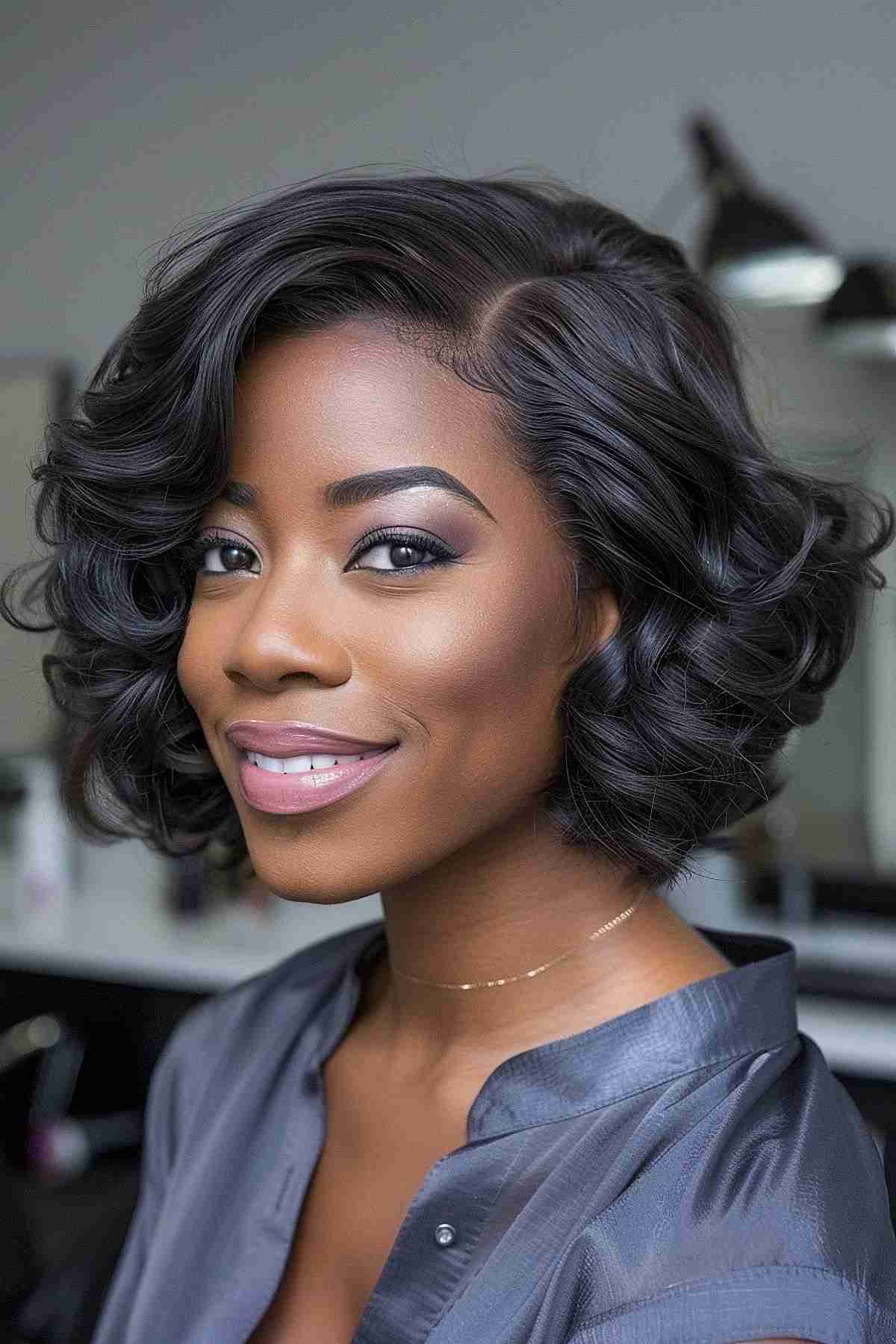 Elegant short sew-in bob with deep side part and defined waves for black hair.