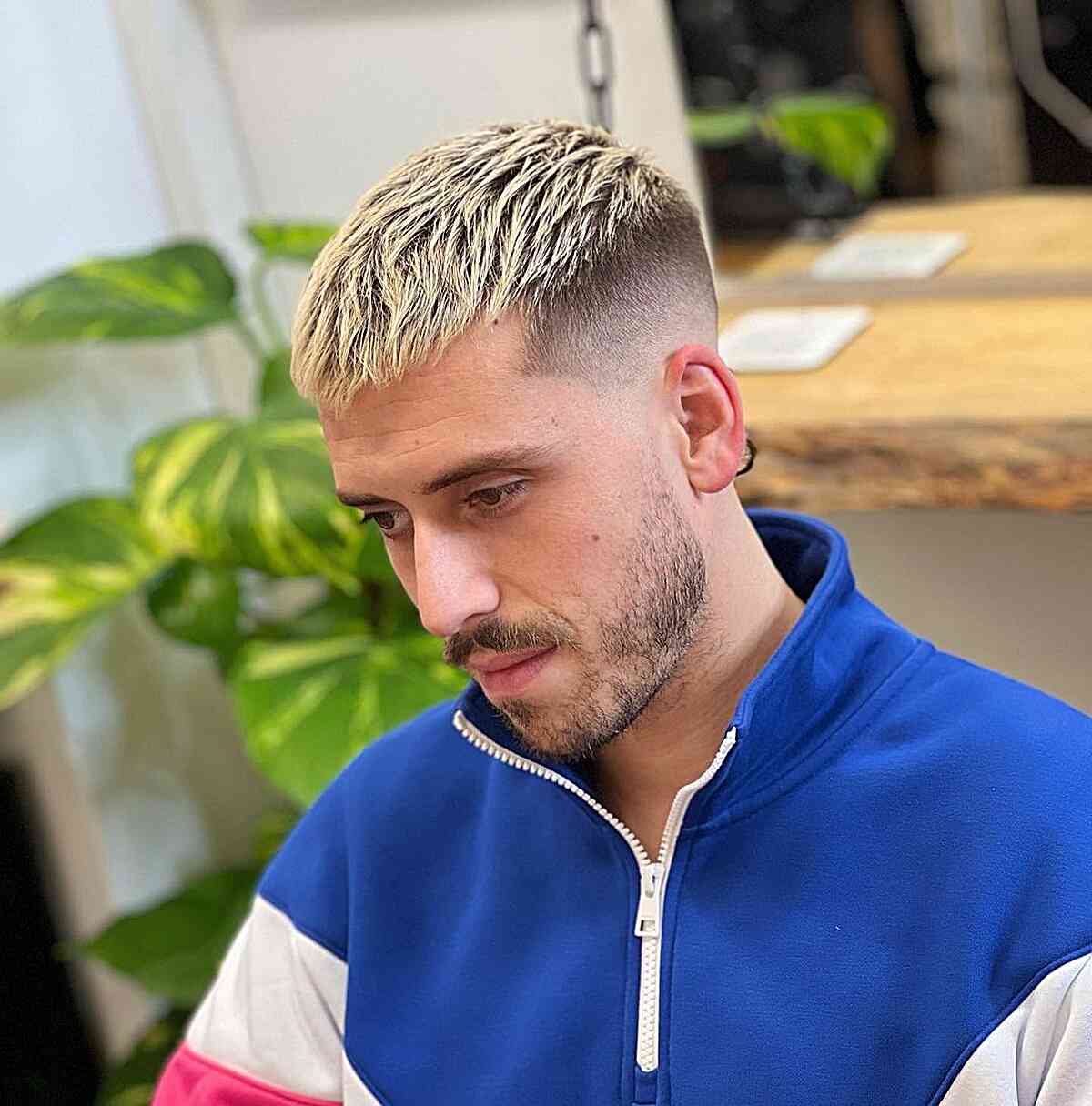 Short Disconnected Crew Cut with a Textured Style on Men's Thin, Blonde Hair
