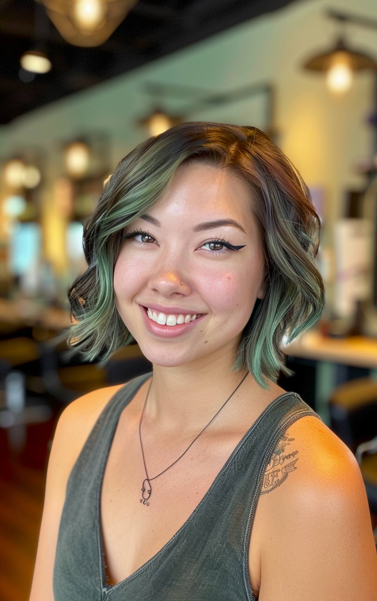 Short wavy bob with edgy color streak and soft waves