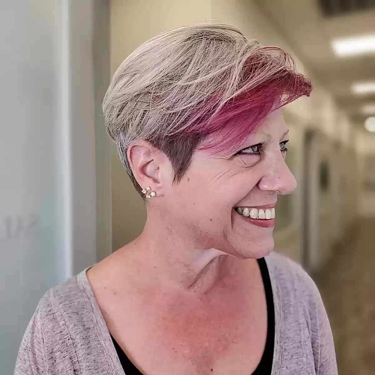 Short Edgy Undercut Pixie with Silver and Mauve Tones for Mature Ladies Over 50