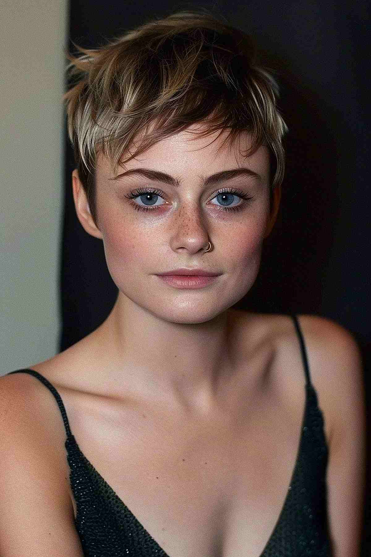 Short elf cut with pixie influence, featuring textured layers and blonde highlights.