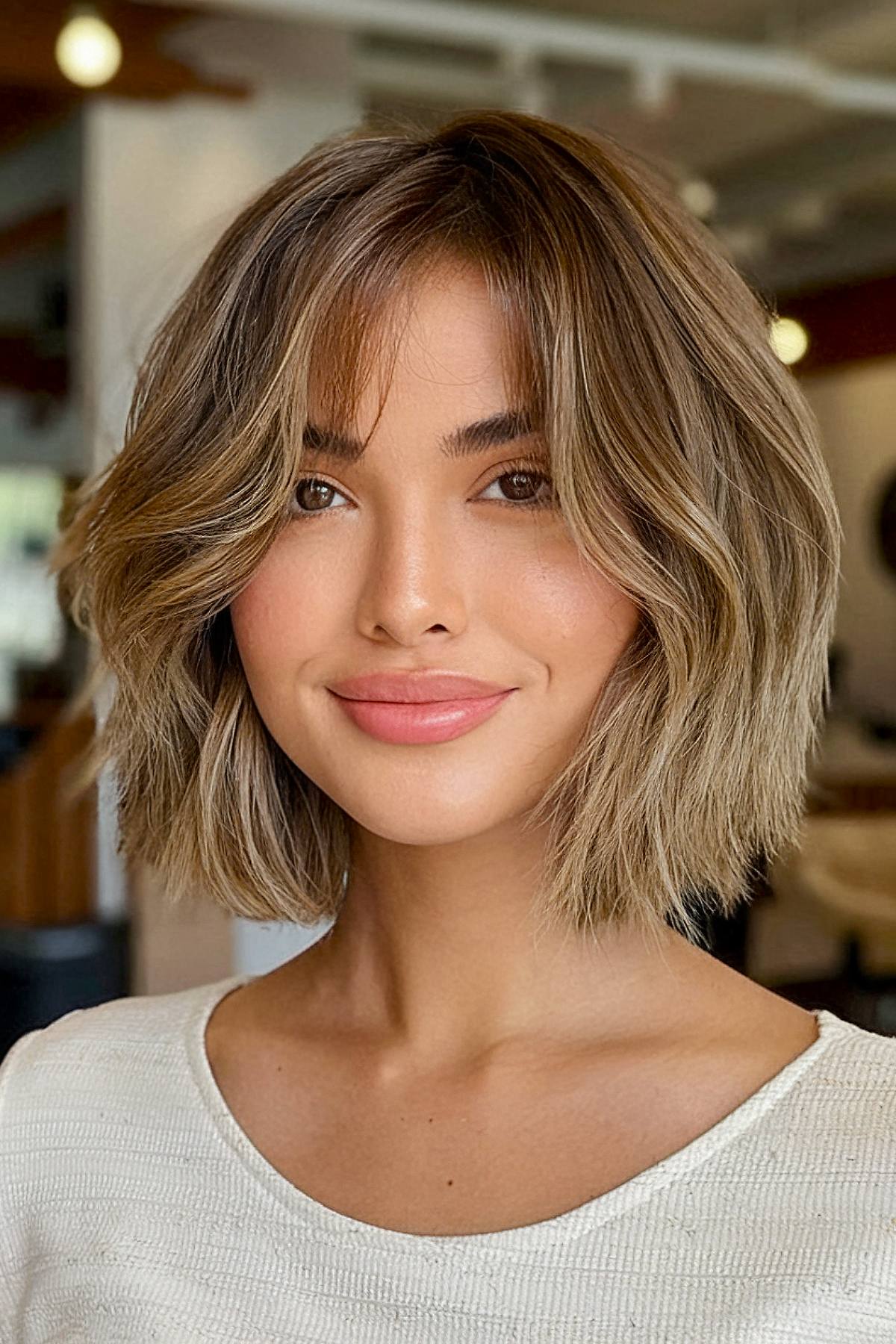 Short layered haircut with curtain bangs