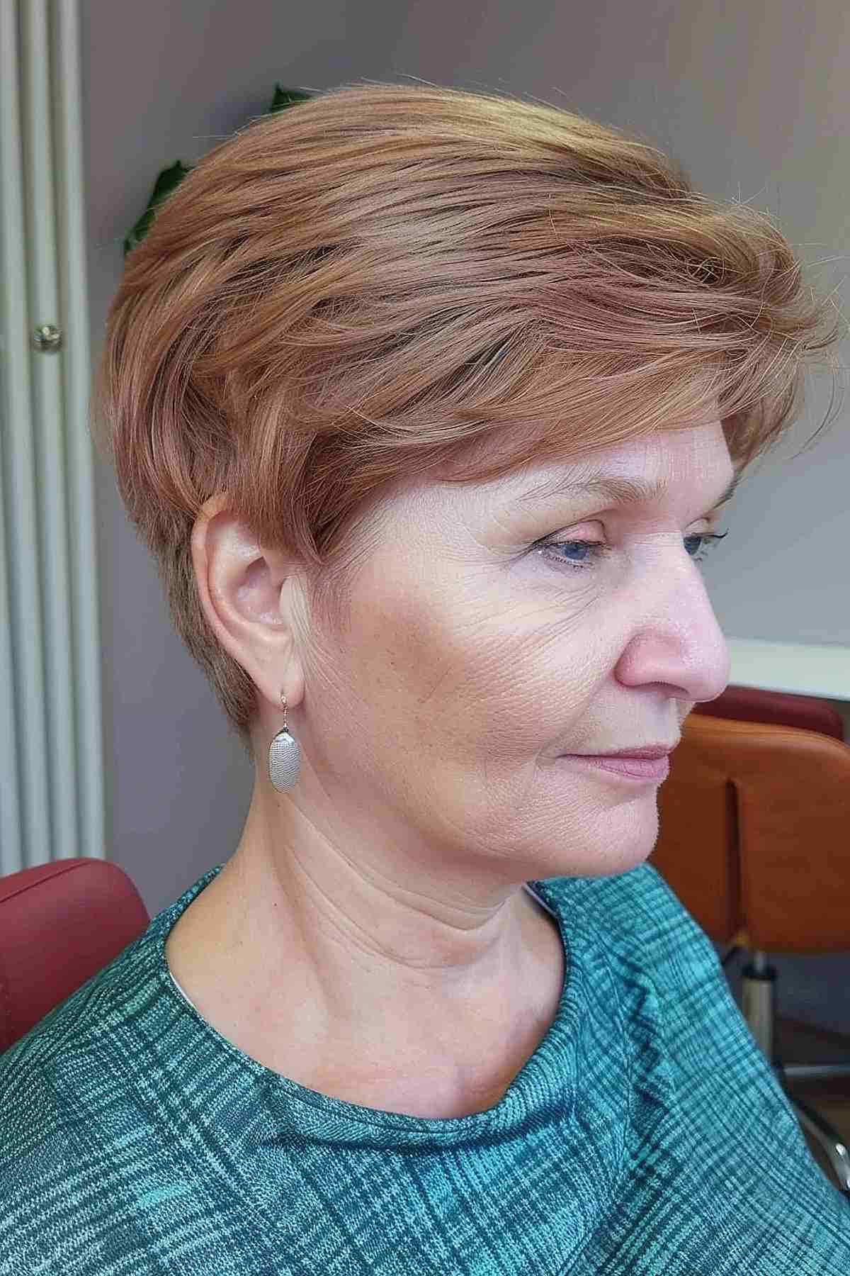 Short feathered layers hairstyle for mature women over 50