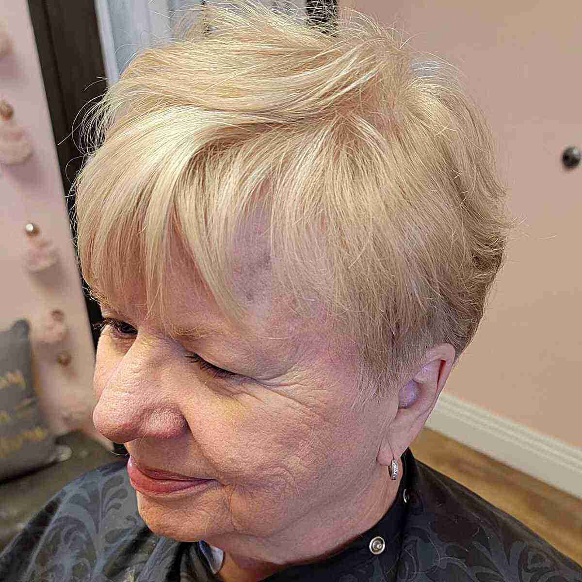 Blonde Feathery Wispy Pixie with Bangs for Seniors Over 60 with Round Faces
