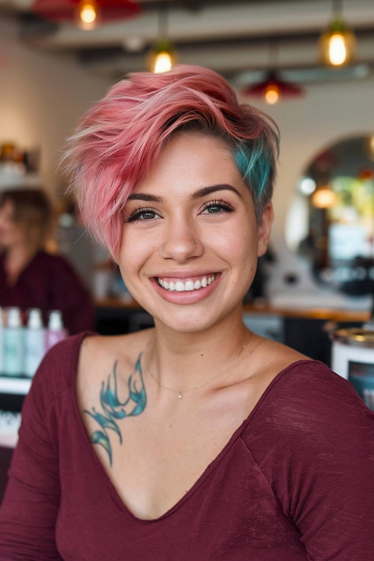 Two-tone pink and teal pixie cut with voluminous layers for extra height and texture