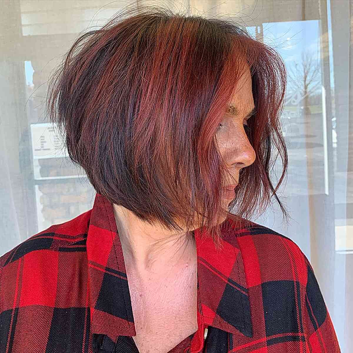 Messy Short Graduated Stacked Bob with Red Chunky Highlights