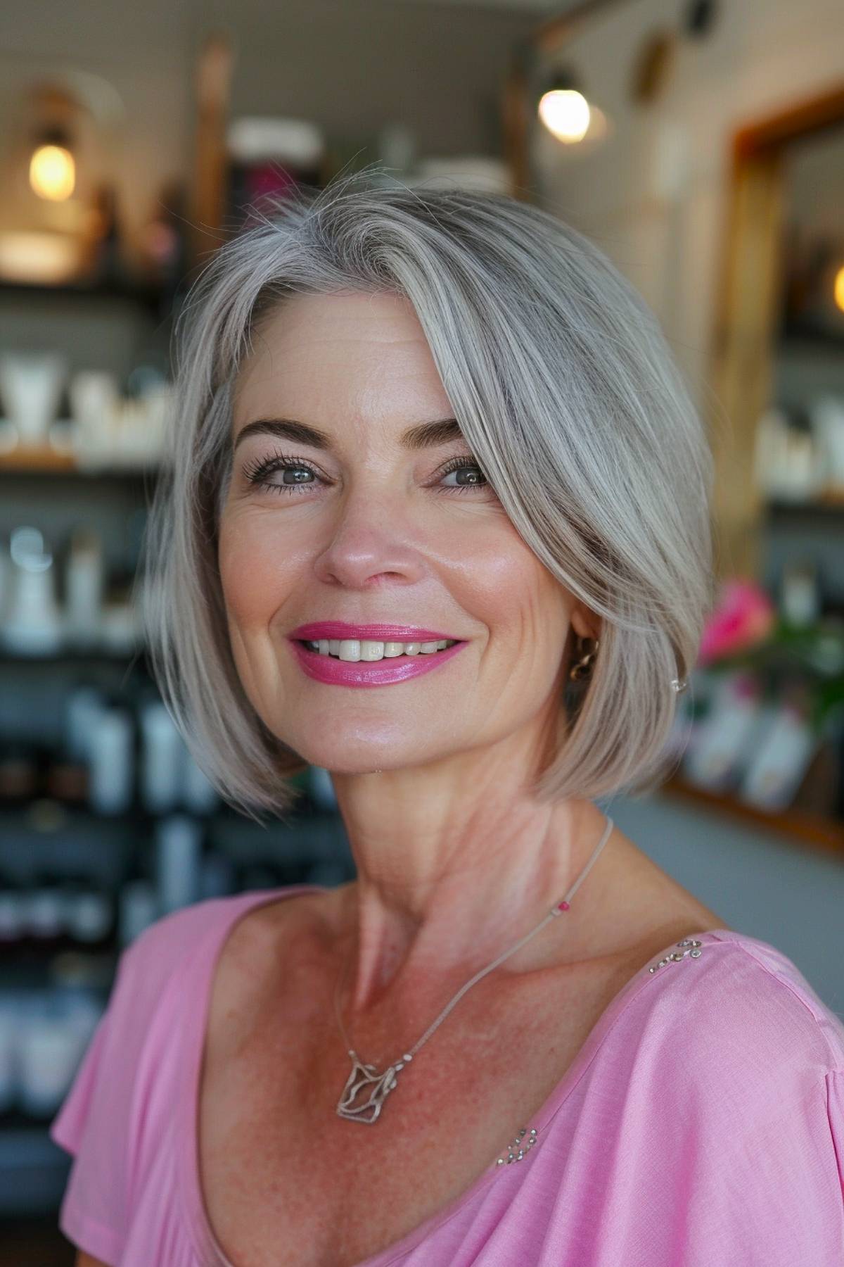 Short grey bob hairstyle for older women over 50