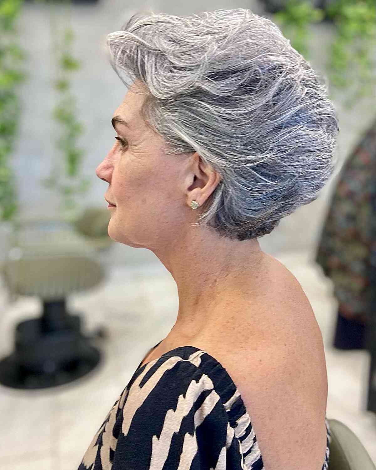 Short Grey Brushed Back Flowing Layers for 60-Year-Old Women