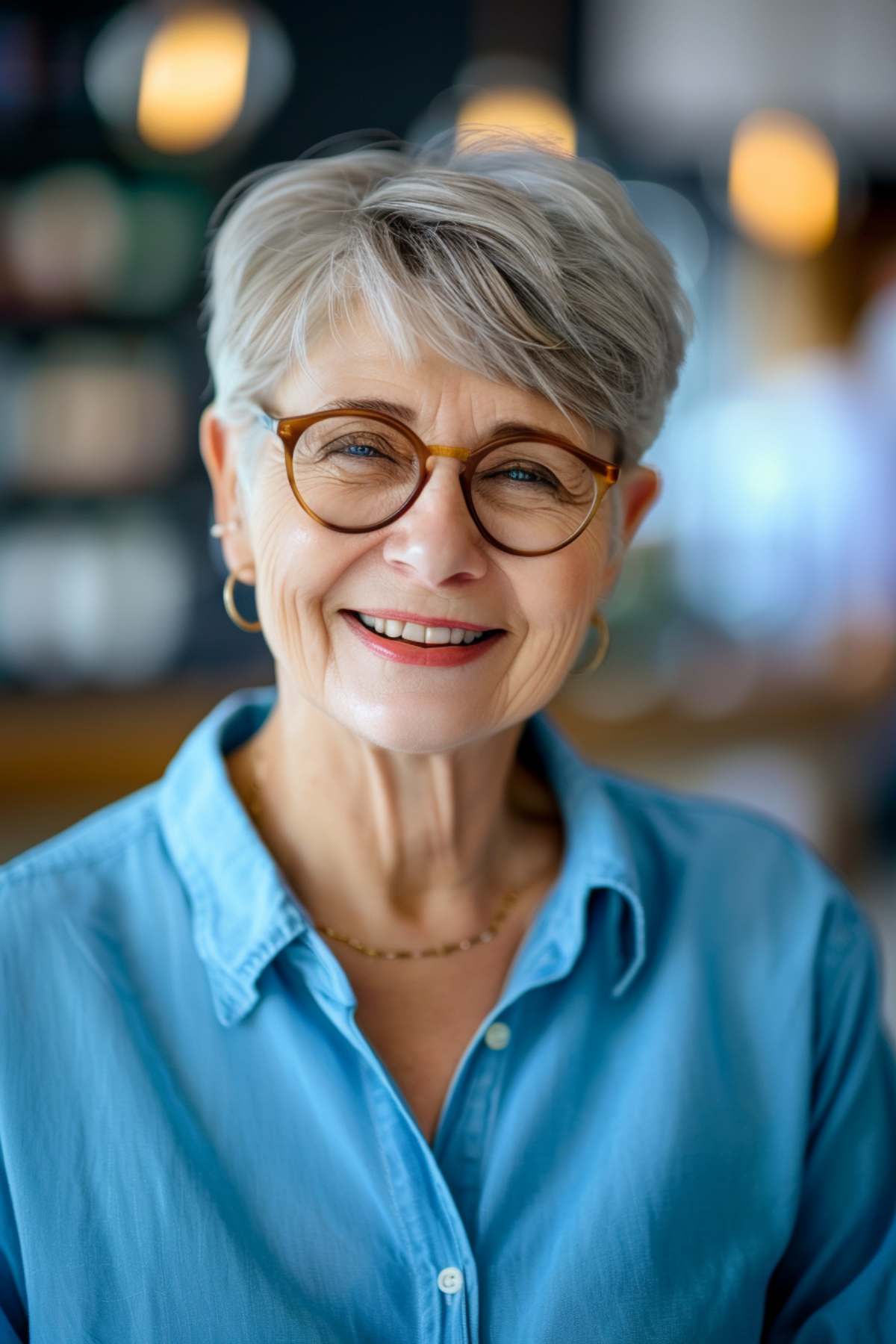 Short grey pixie cut for women over 70 with glasses.