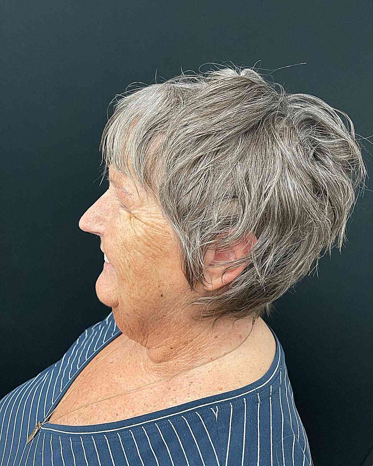 Short Grey Pixie Shag with Wispy Bangs for Older ladies over 60