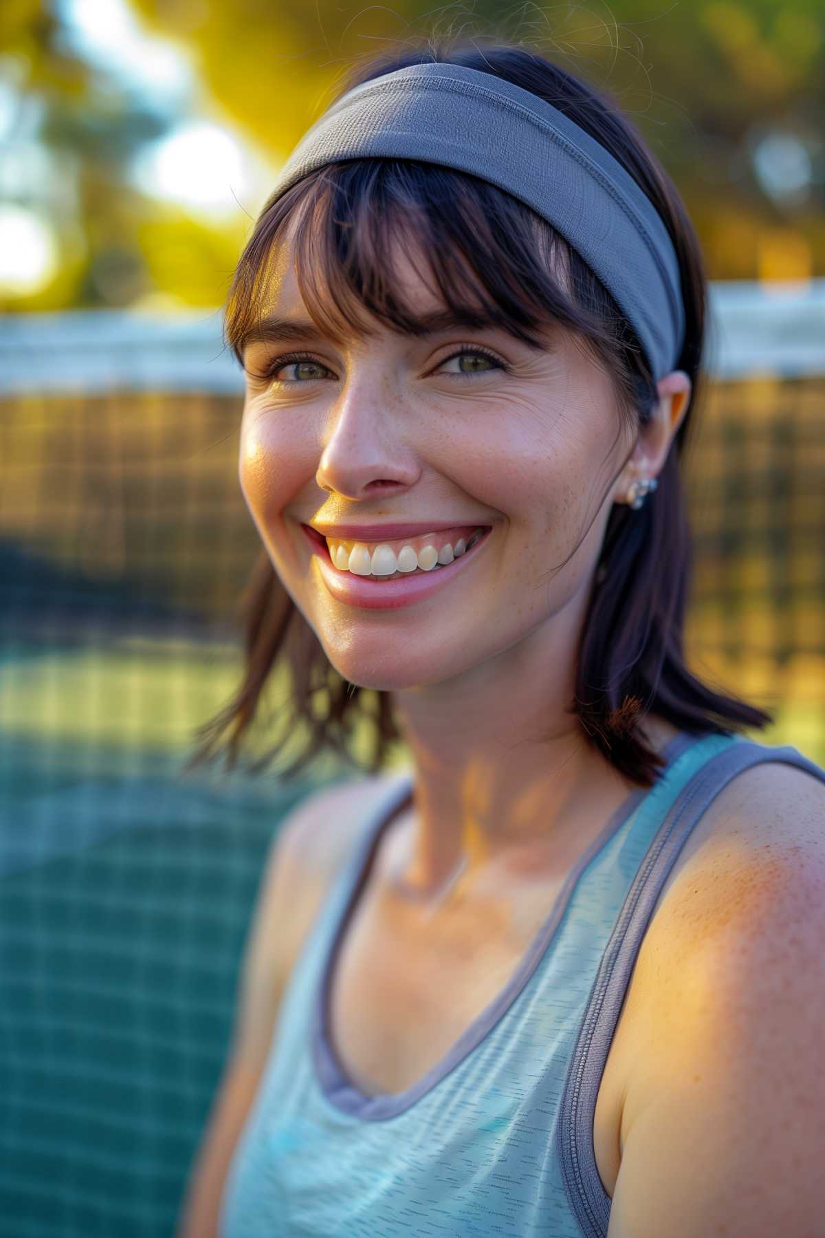 Short hair with bangs and headband for sports like tennis