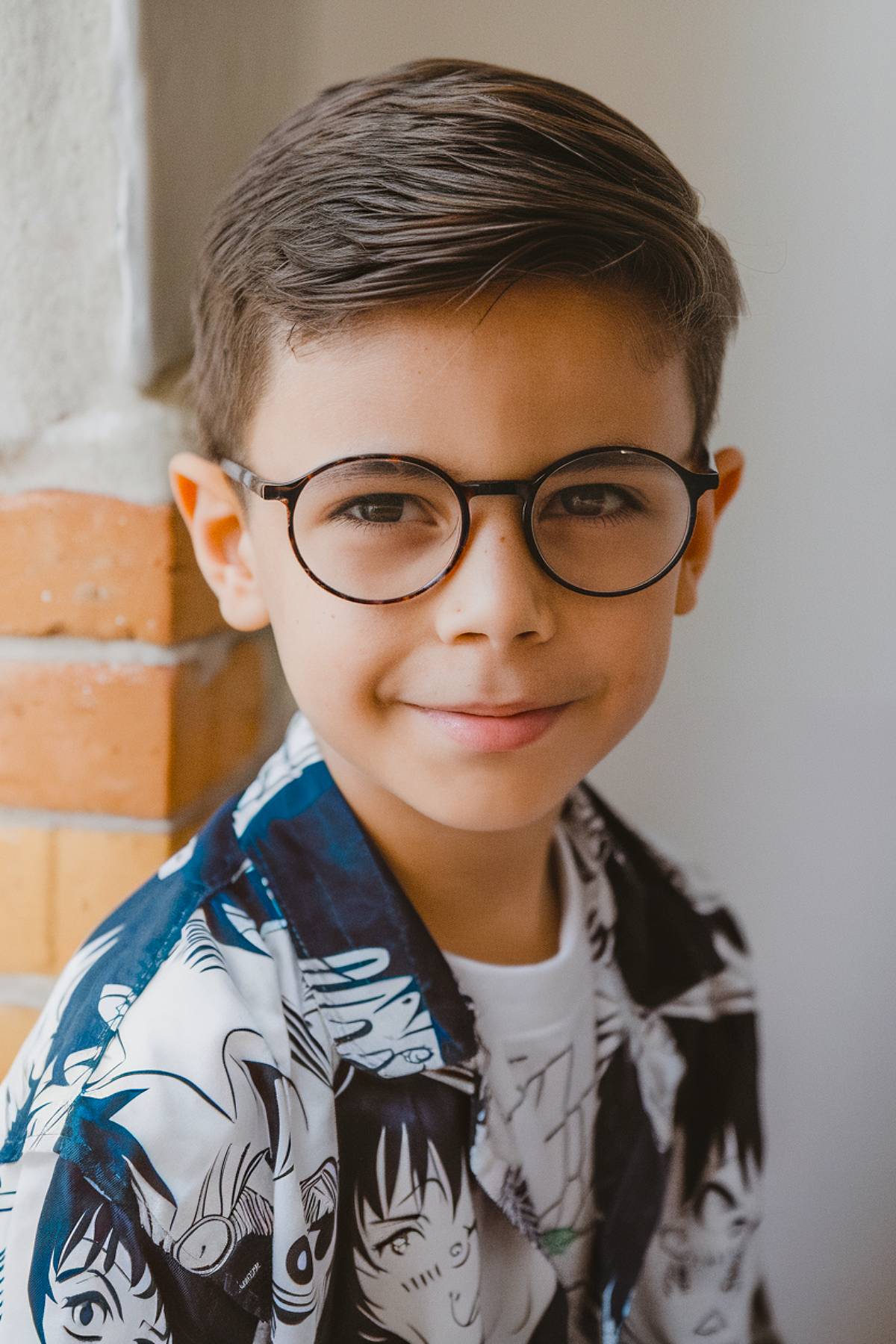 Short haircut with side part for boys with glasses