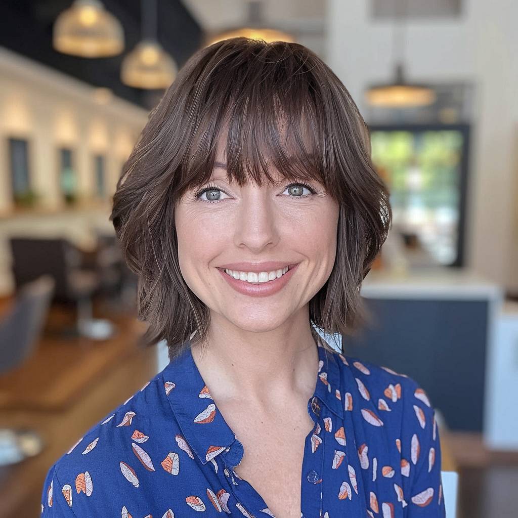 Short layered haircut with wispy bangs and soft shaping