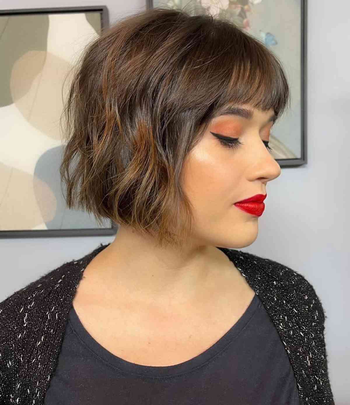 Trendy Short Hair with Blunt Bangs and a Heart Face Shape