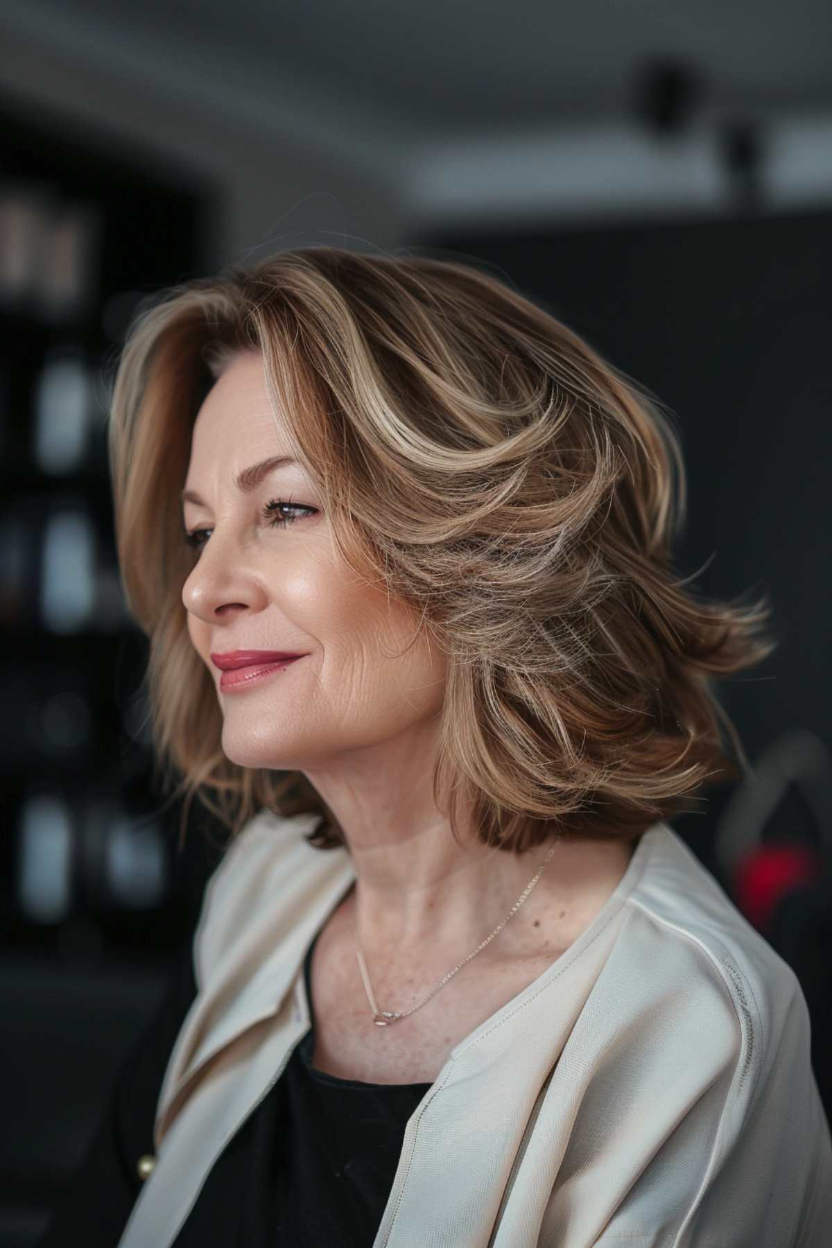 Woman with short hair featuring feathered ends, ideal for adding volume to fine hair