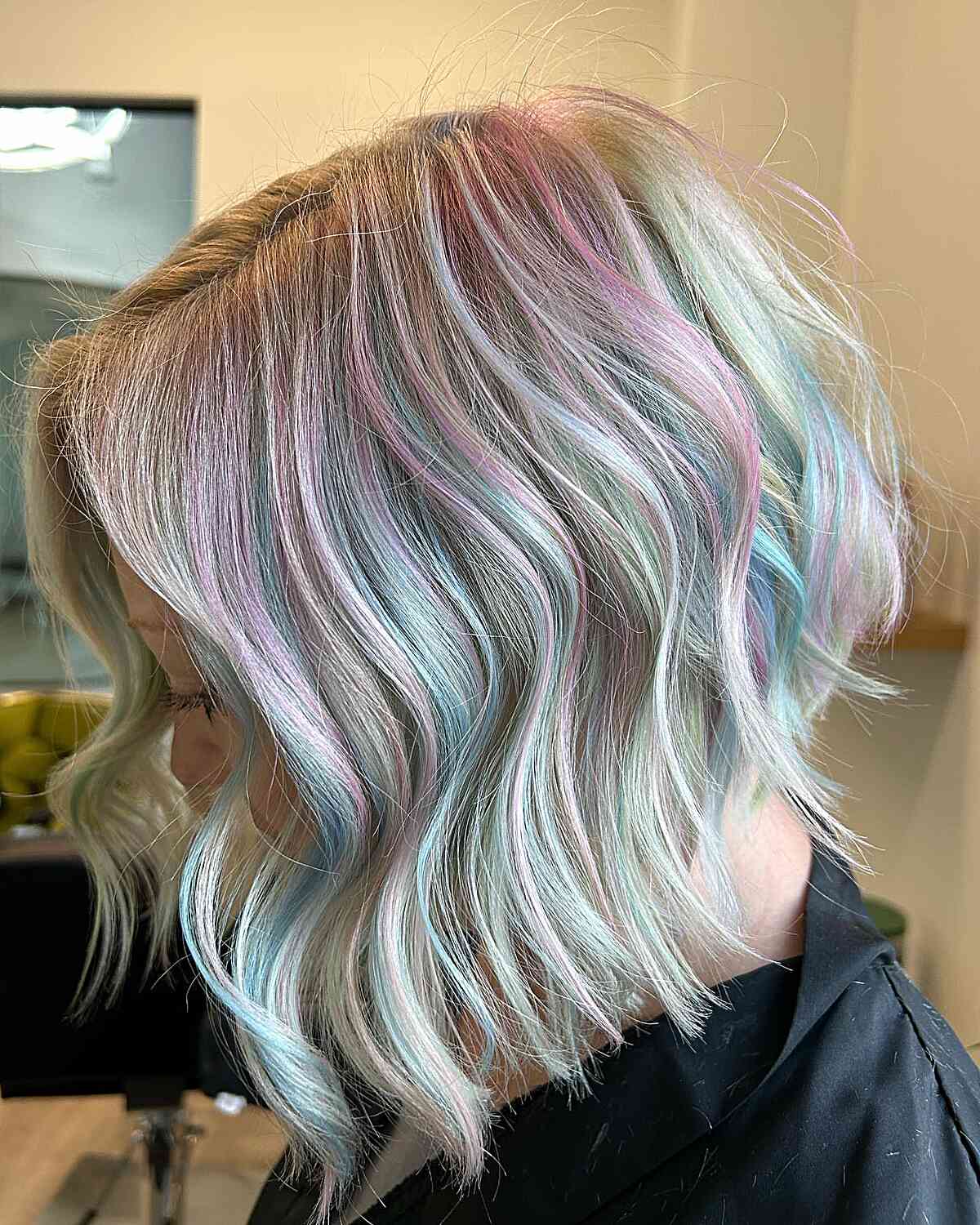 Blonde Short Hair with Holographic Light Blue and Pink Highlights