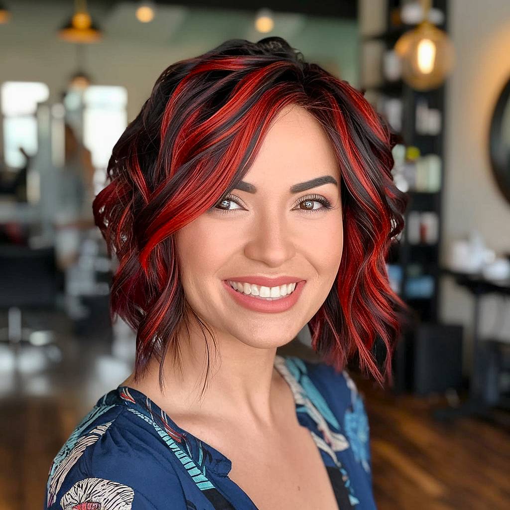 Edgy short layered haircut with bold red highlights and tousled curls