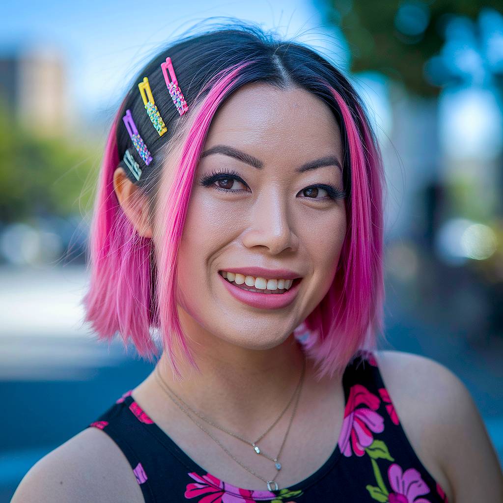 Bold Y2K-inspired short hair with layers and vibrant pink ombre