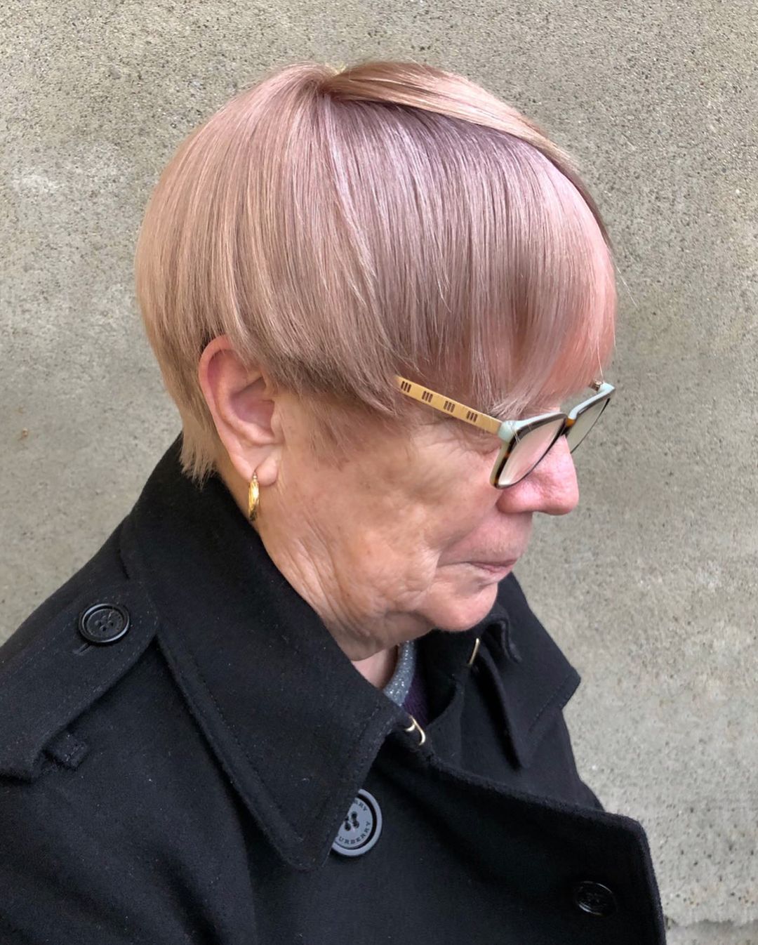 short hair with long bangs for over 50 with glasses