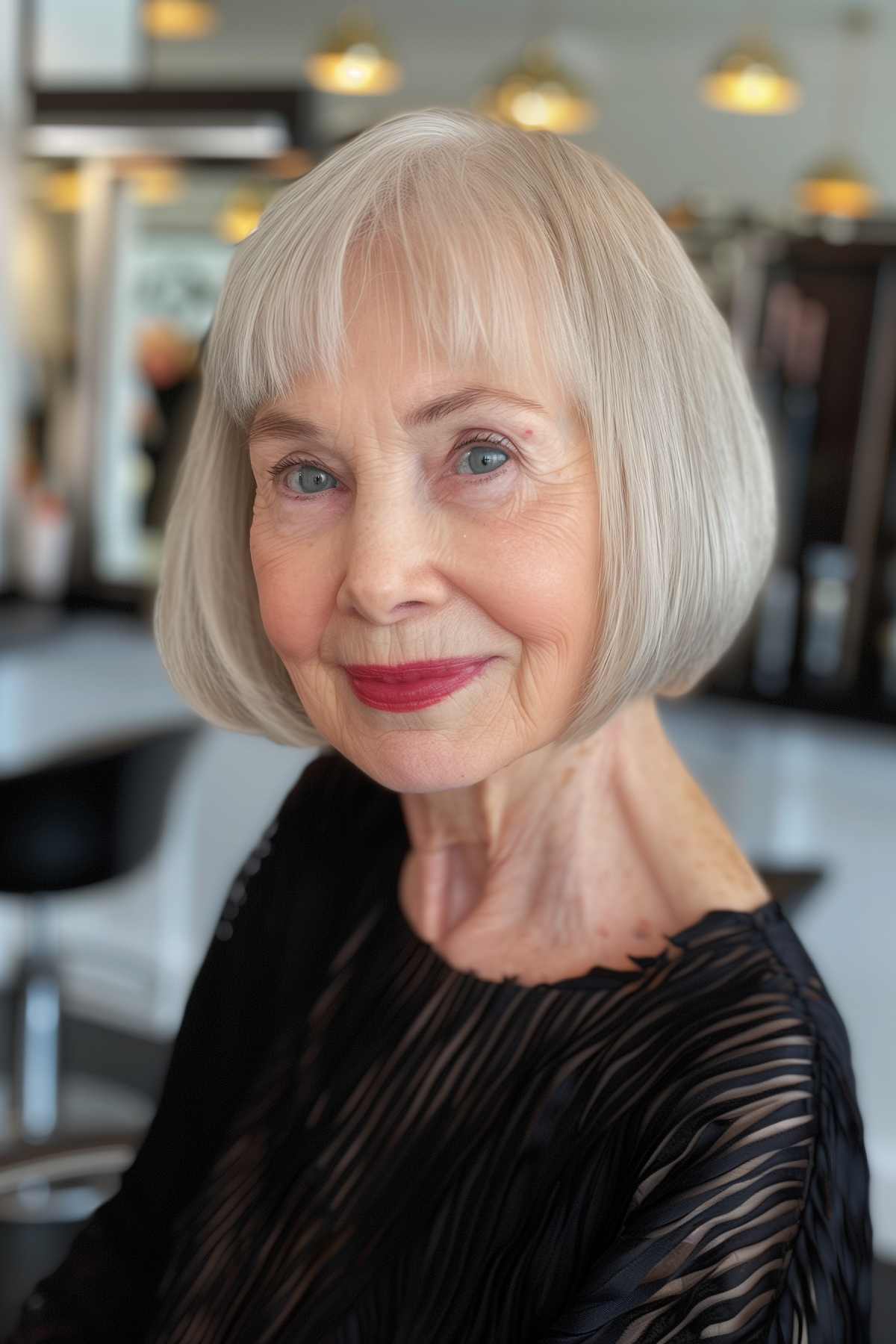 Older woman with short hair and micro bangs