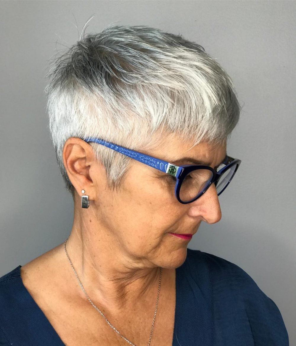 short haircut for 50 year old woman with glasses
