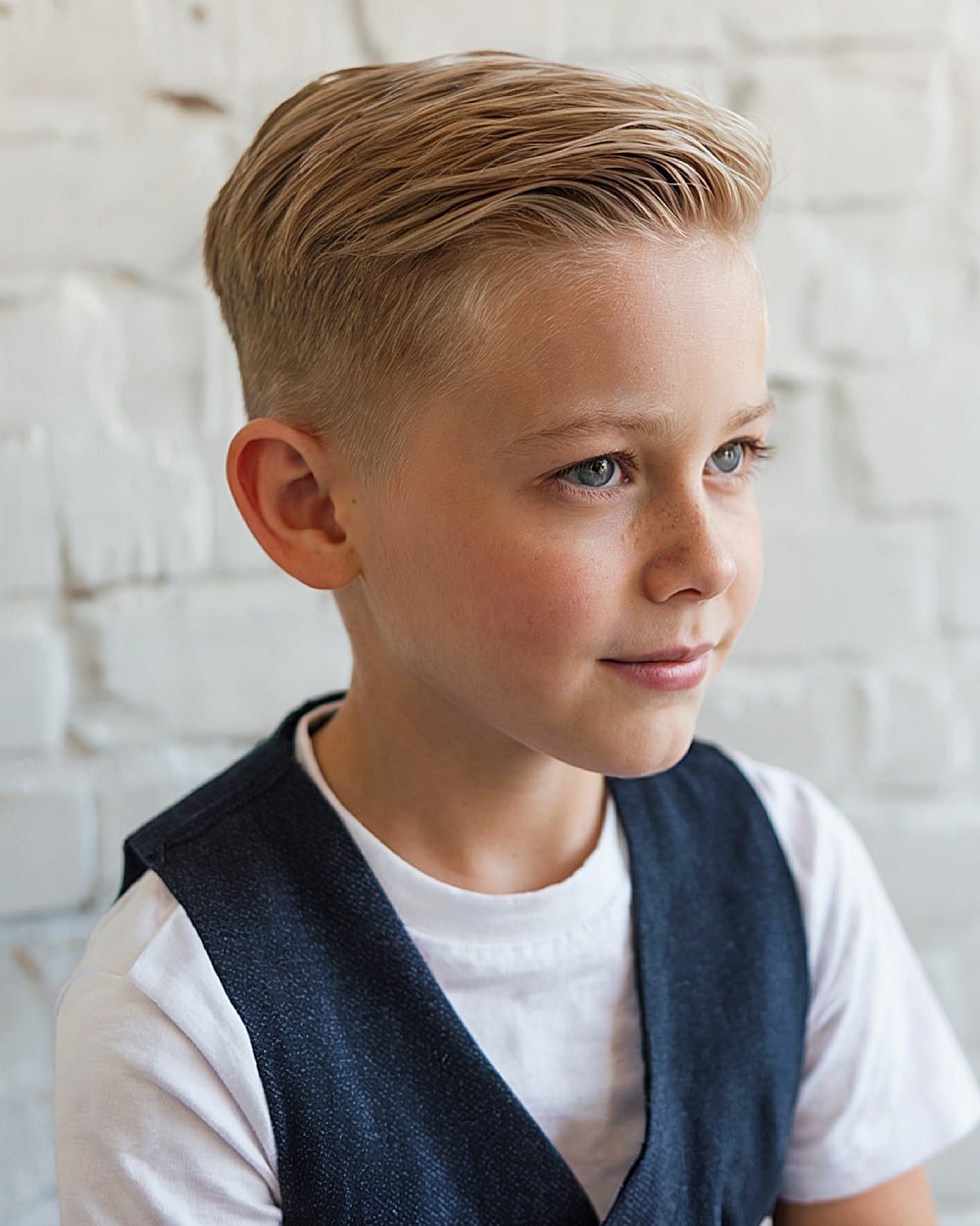 Boys comb over fade haircut with side part and slick top