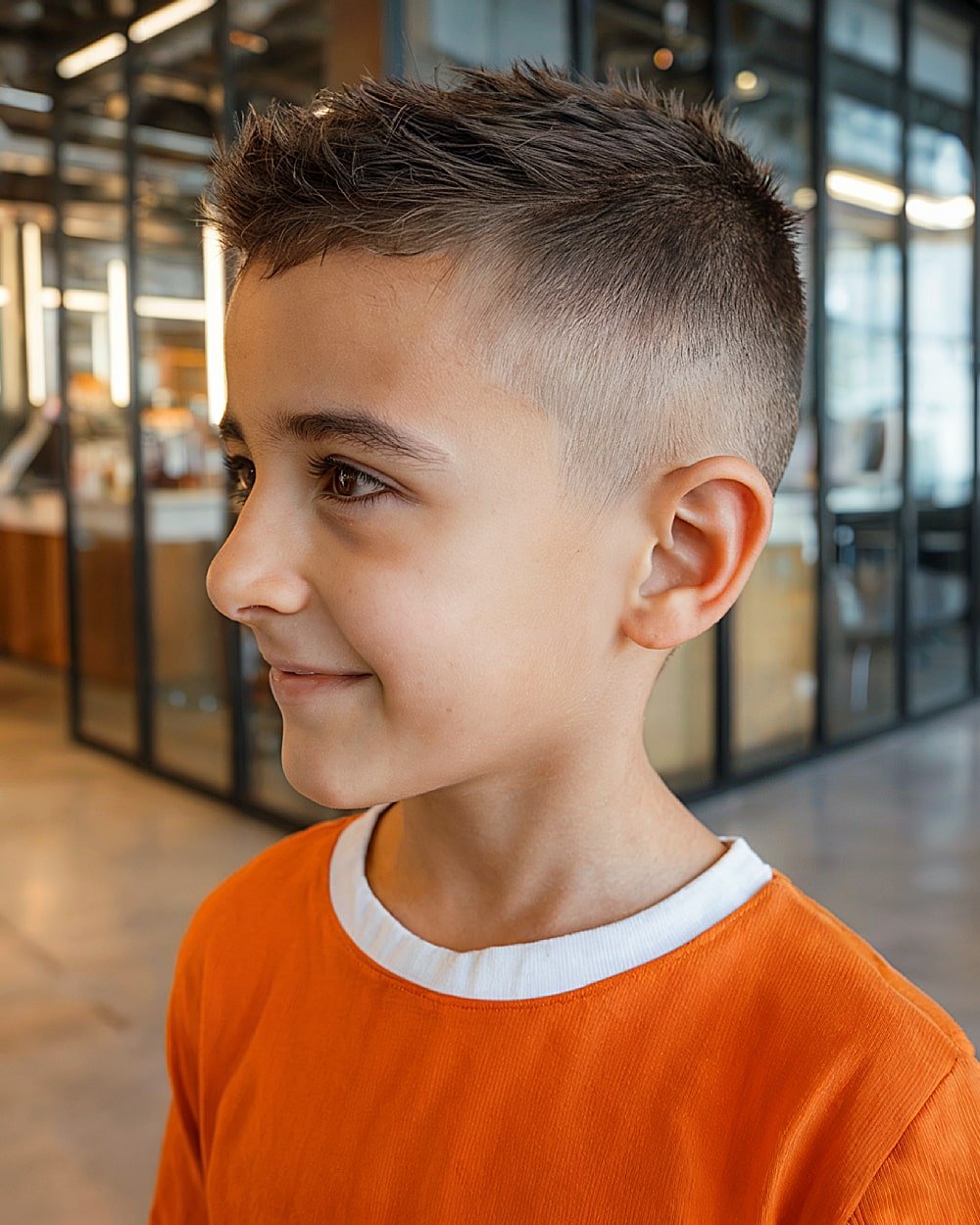 Boys short faux hawk fade haircut with textured top