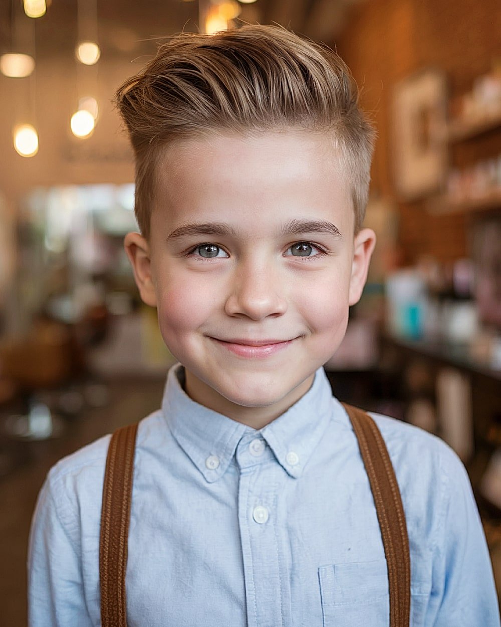 Boys mini pompadour hairstyle with faded sides and brushed back top
