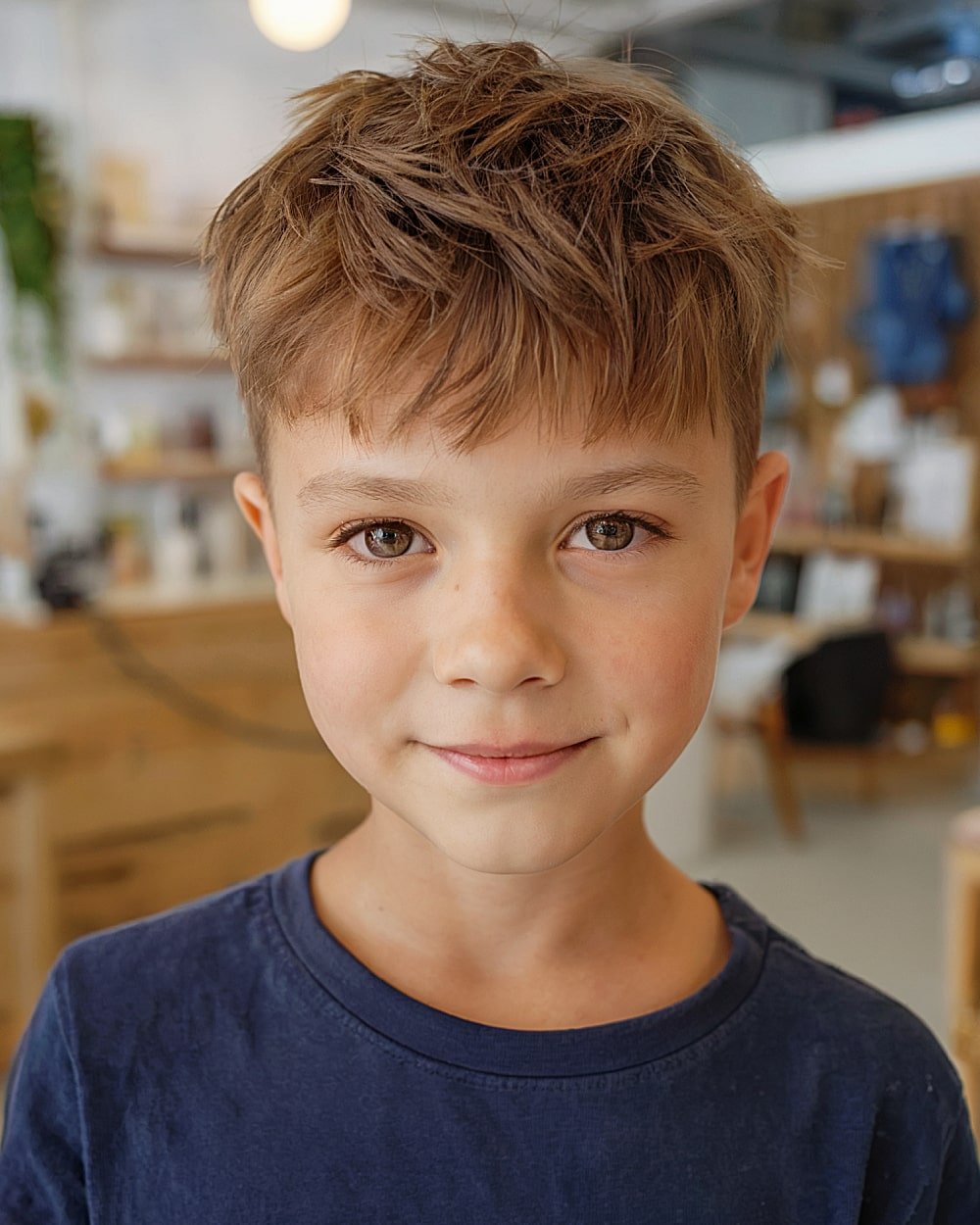 Short textured crop haircut for boys with choppy layers and tousled fringe