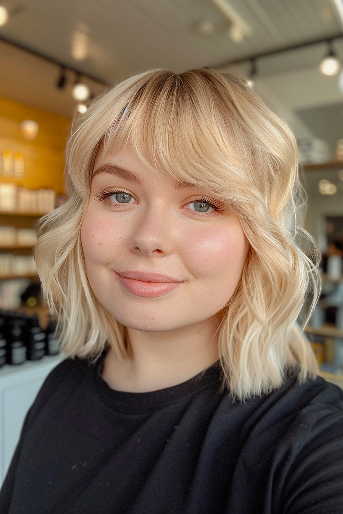 Short layered cut with bangs for round faces