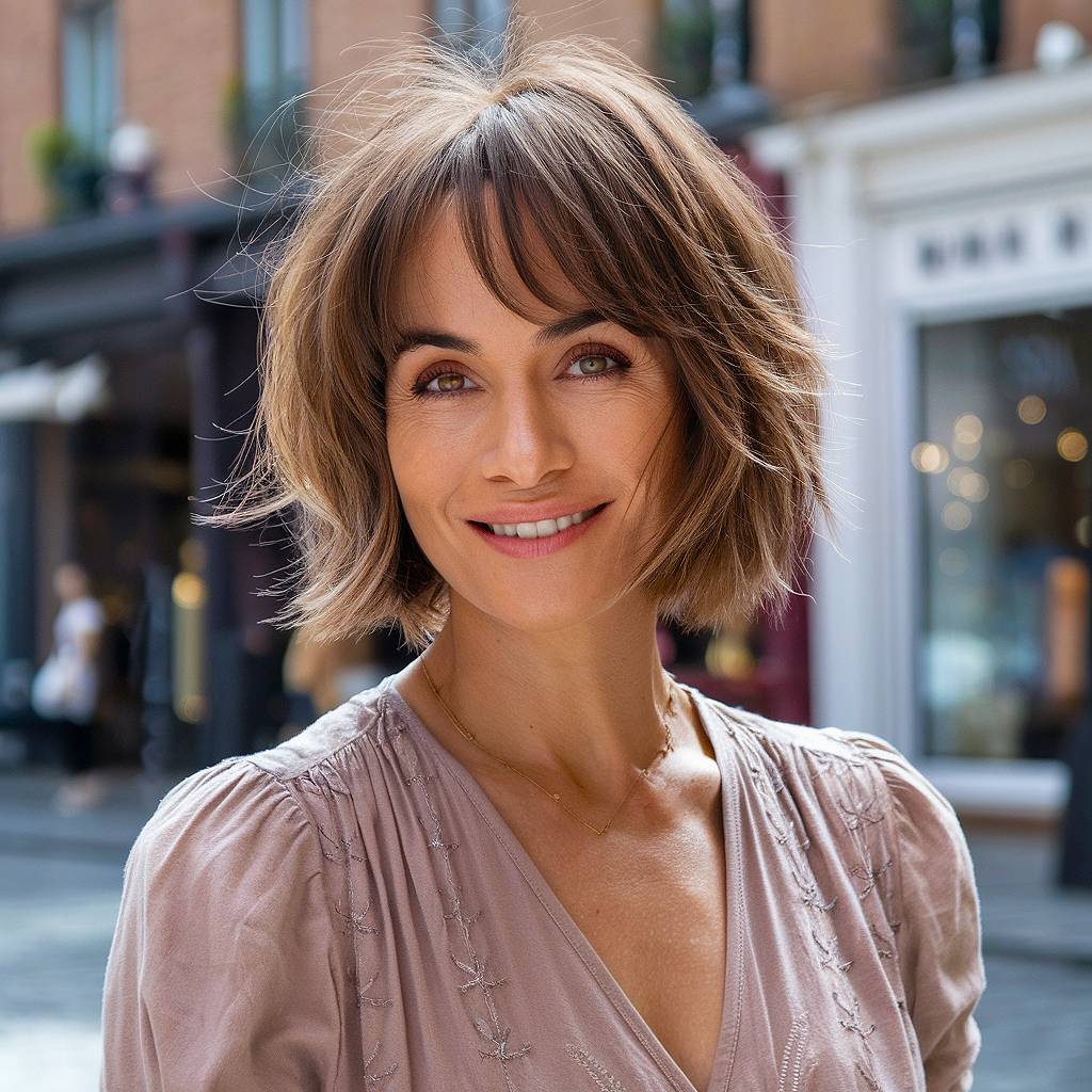 Chic short bob with soft layers and curtain bangs for women in their 30s, adding volume and movement to fine hair