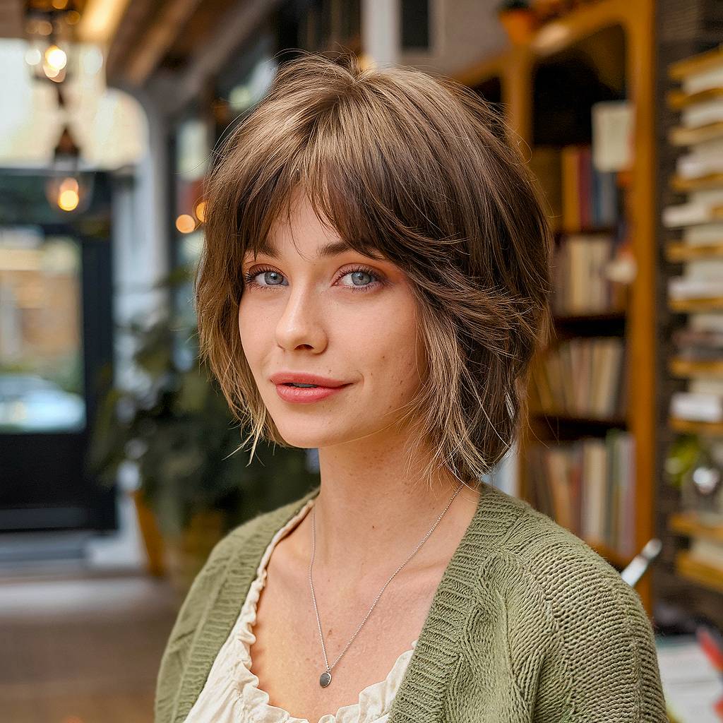  Short layered bob with soft curtain bangs, adding volume and movement for a relaxed, effortless look