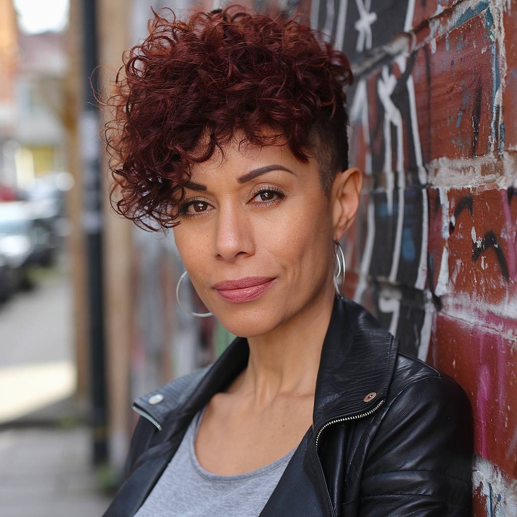 Edgy curly undercut with deep burgundy color for women over 40, adding volume and contrast