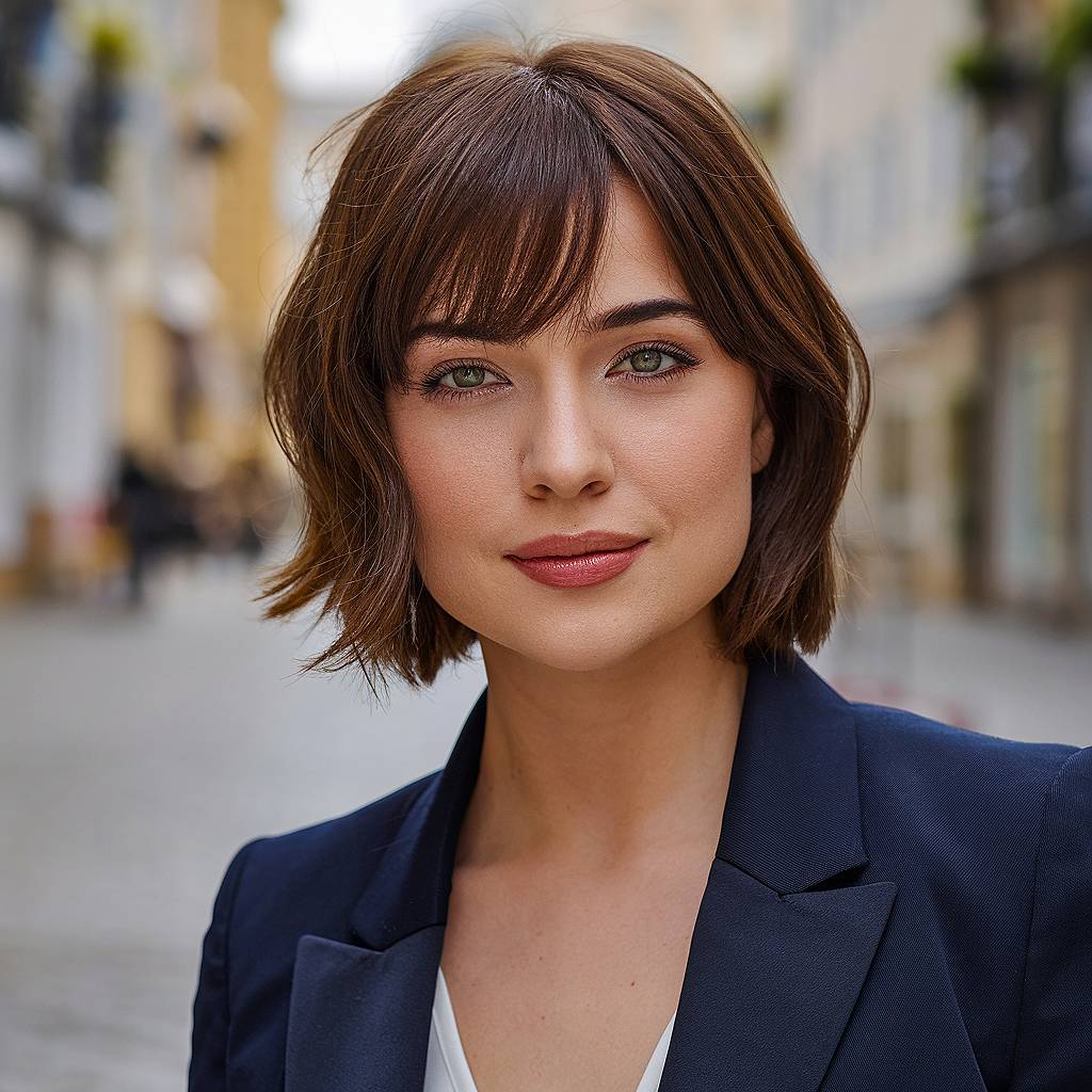 Chin-length bob with side bangs, offering a polished yet slightly tousled look for a natural, effortless style