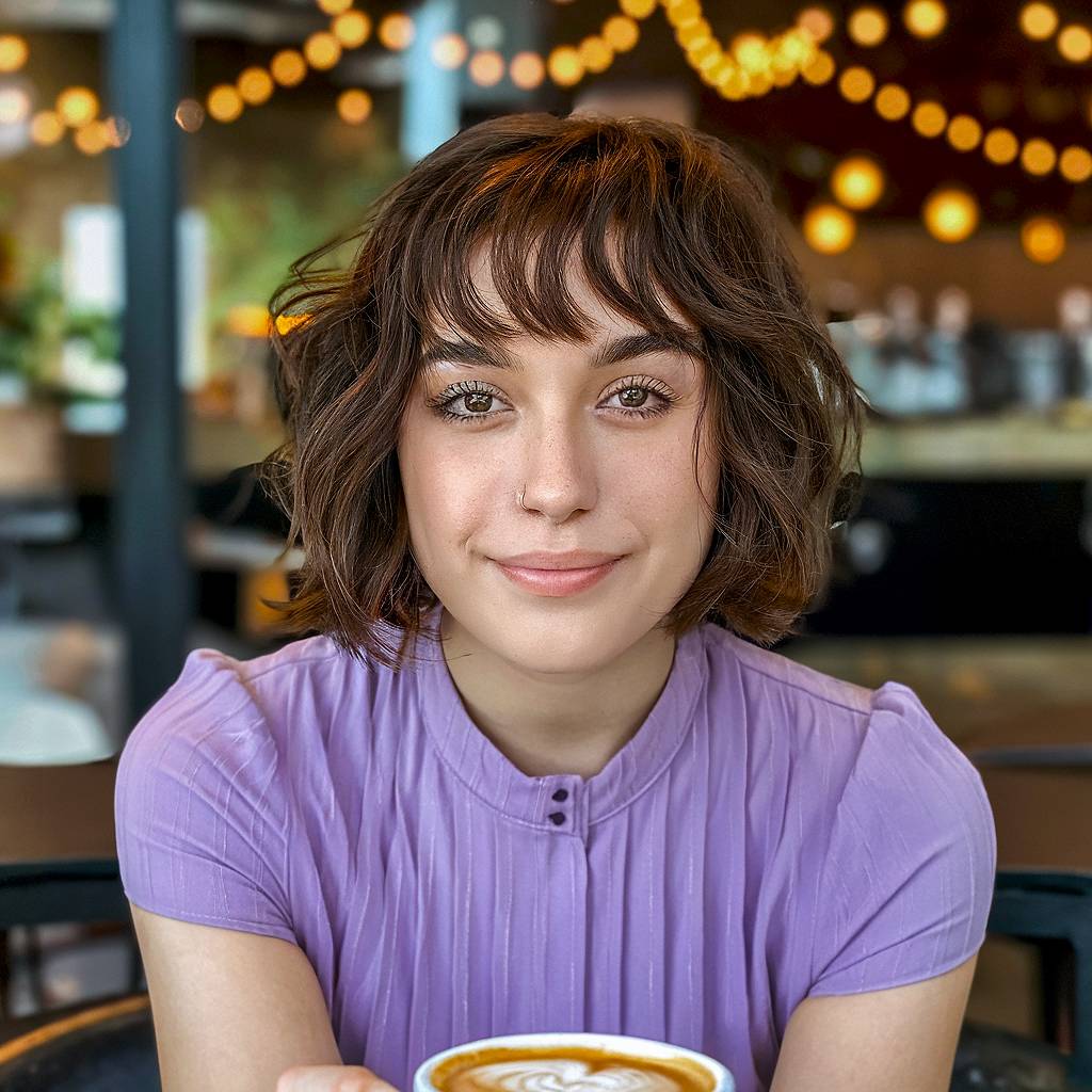 Wavy short bob with wispy bangs, adding texture and a playful, youthful feel to fine or medium hair