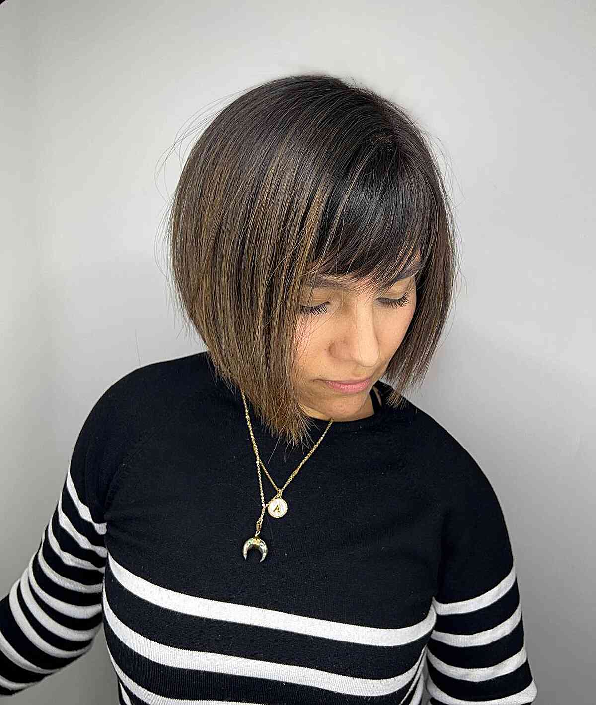 Short Highlighted Wedge Bob Cut on Straight and Fine Hair with Fringe