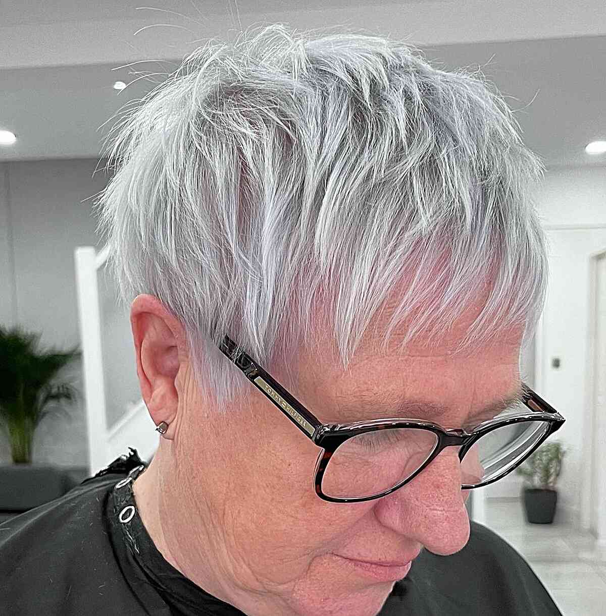 Short Icy Silver Pixie with Choppy Bangs for Mature Ladies Over 70