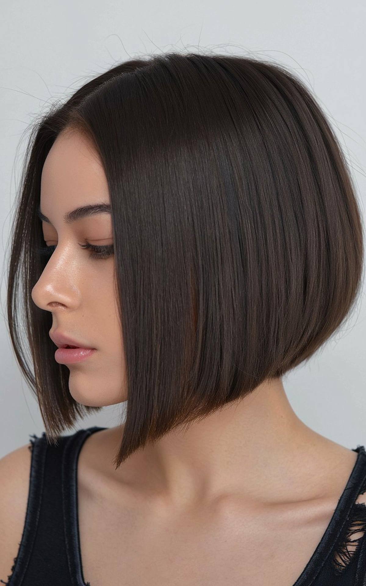 Short inverted bob with sleek angles and stacked back