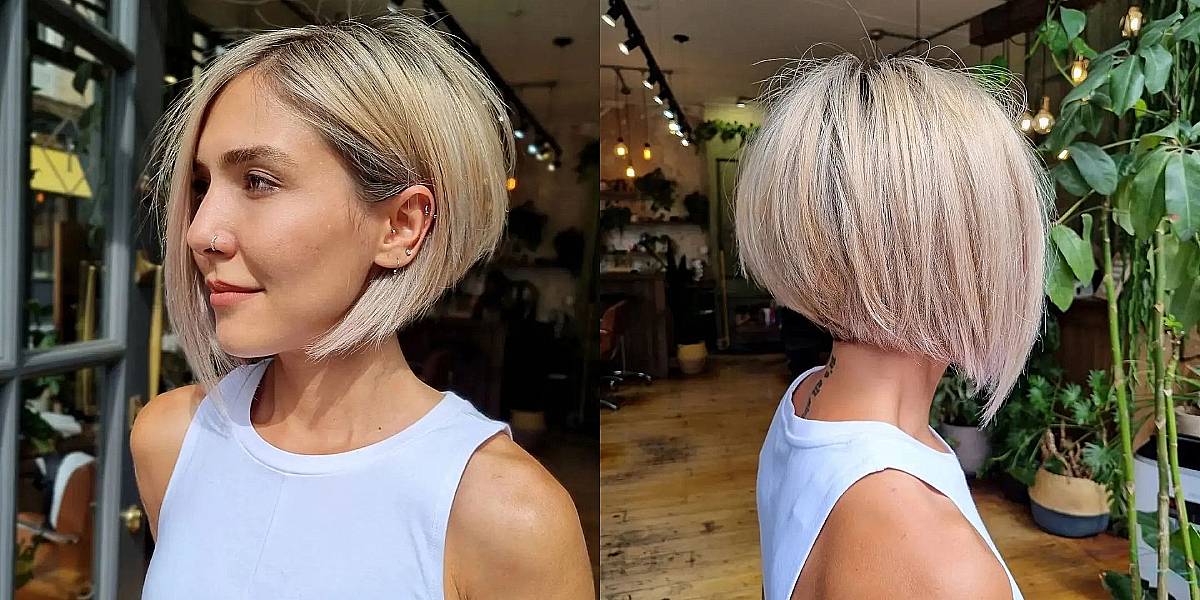 Short Inverted Stacked All-Over Blonde Bob