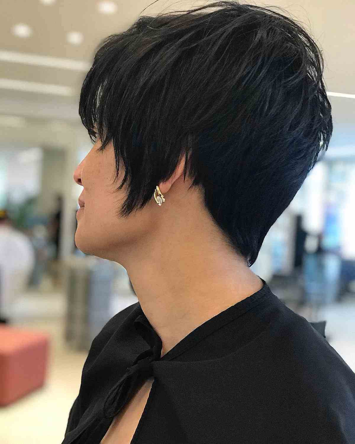 Short Jet Black Pixie with a Layered Top