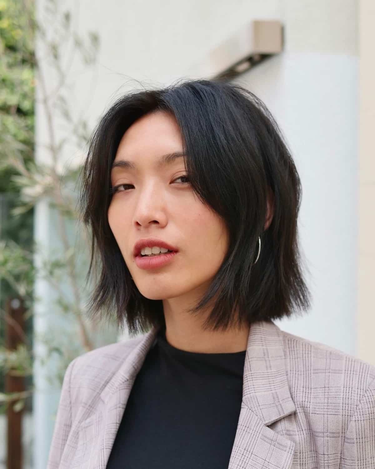 Short layered blunt bob with blunt ends