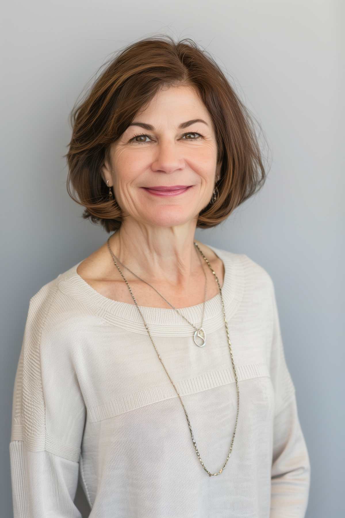 Woman with a short layered bob haircut, chin-length, natural brown color