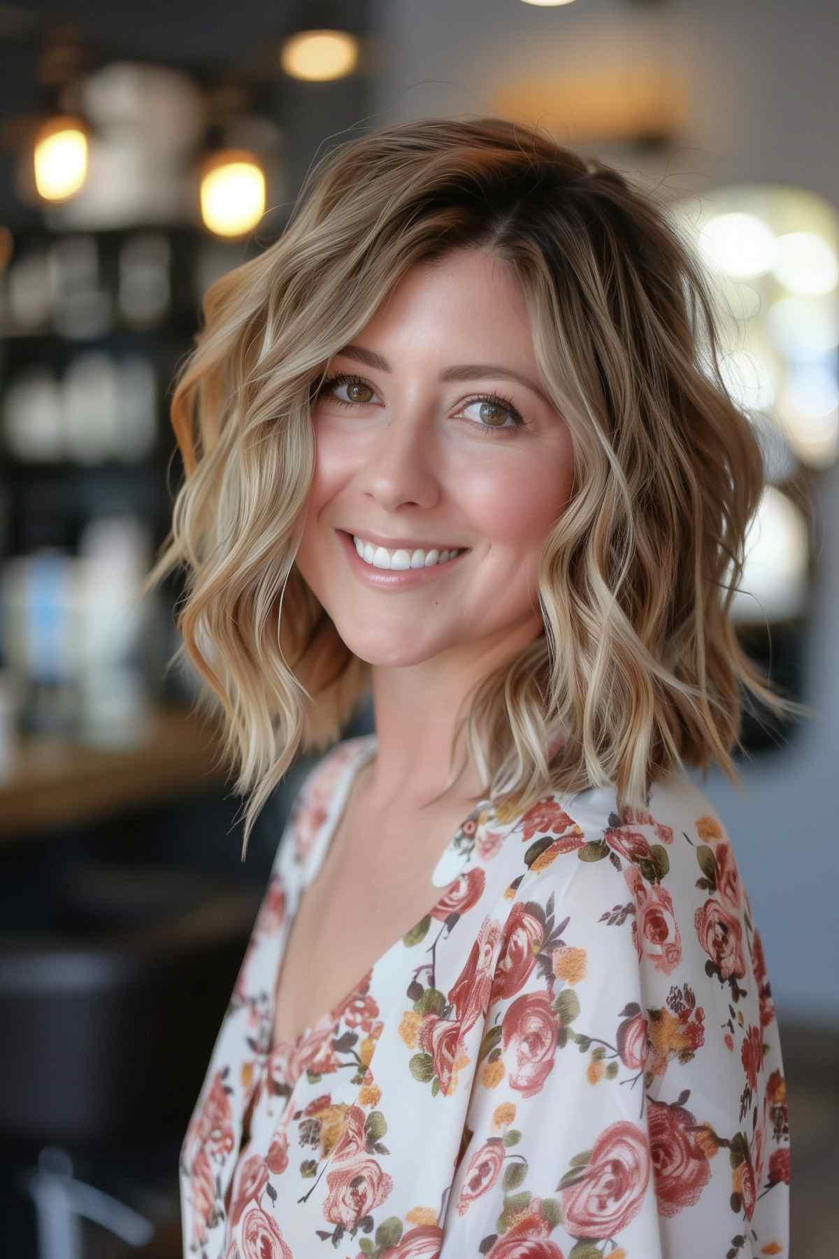 Layered bob with soft waves and balayage highlights for thick hair