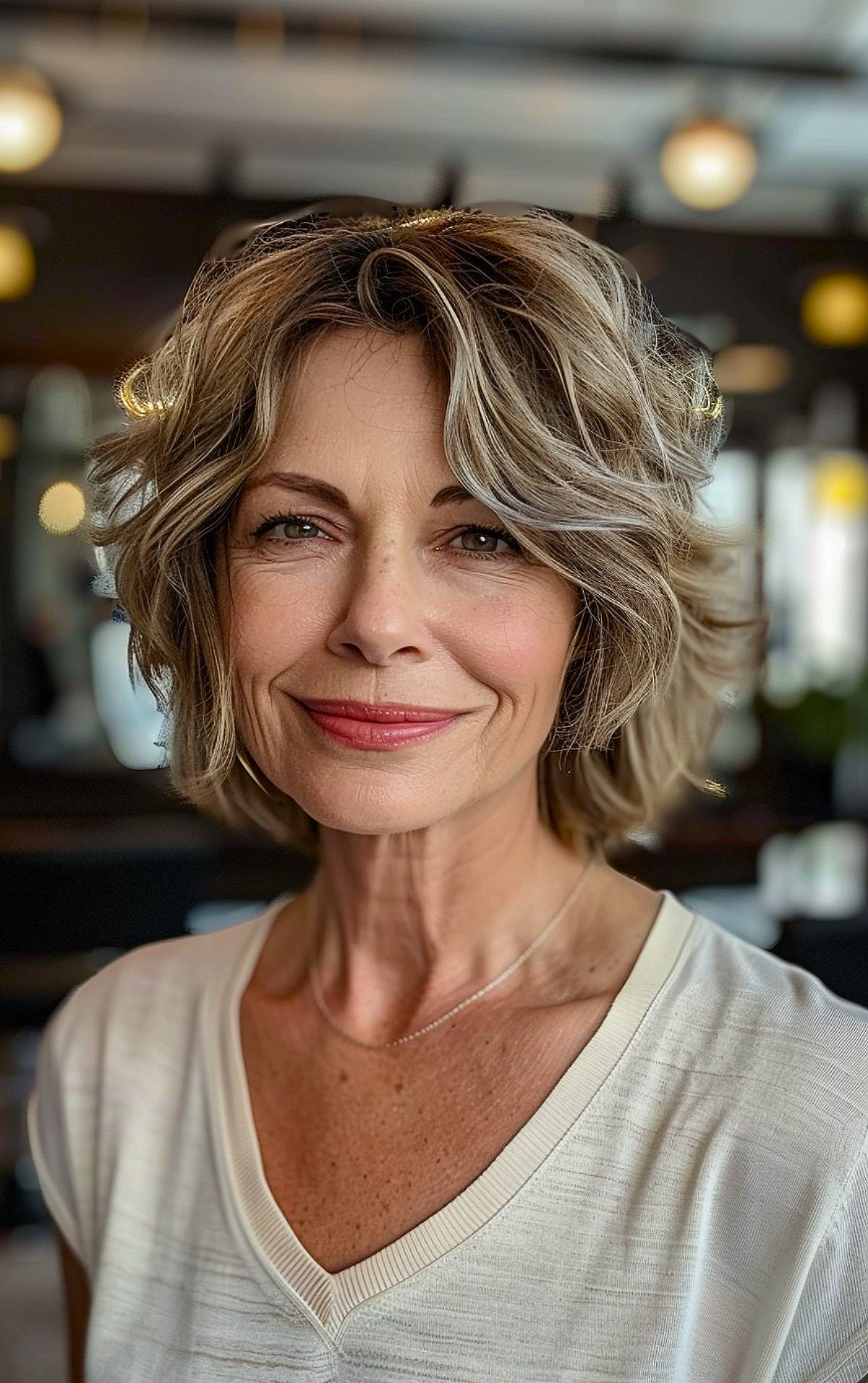 Short layered bob hairstyle for women over 50 with fine hair