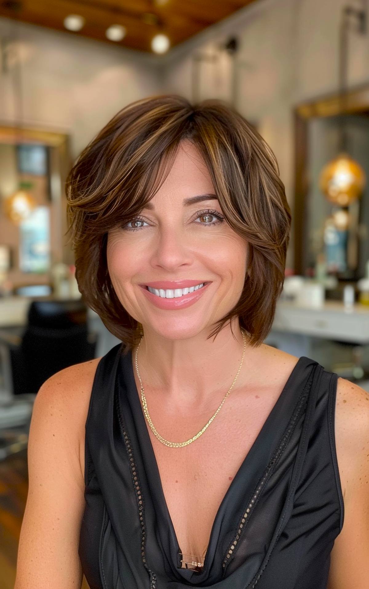 Short layered bob with soft feathered layers for added volume