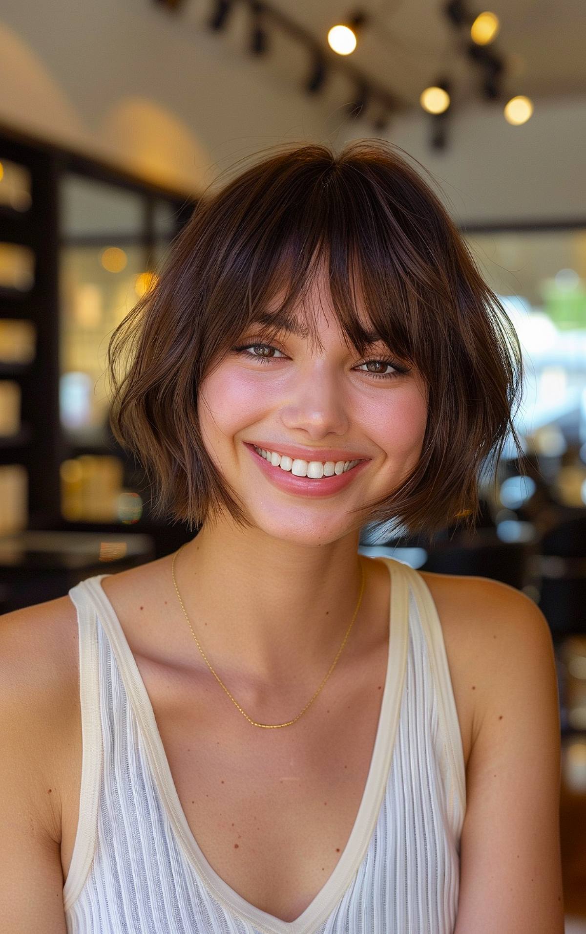 Short layered bob with choppy bangs and soft texture